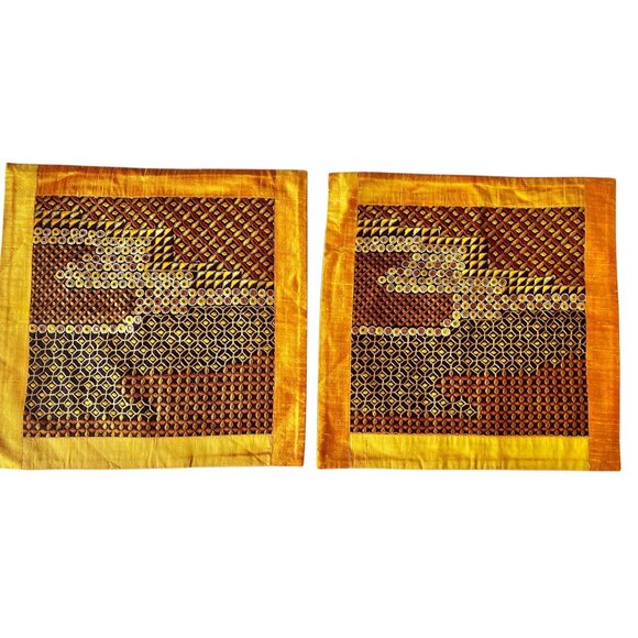 Handcrafted Shrujan Raw Silk Embroidered Cushion Covers 16"x16" Gold Pair NWT - Picture 1 of 16